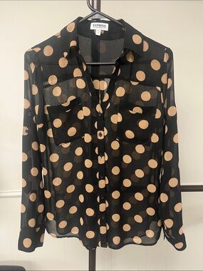 Express Black Sheer Button-Up Blouse with Tan Polka Dots